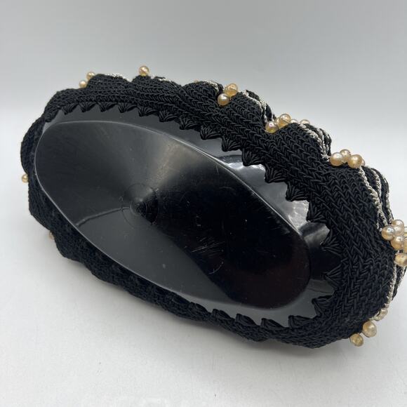 Vintage Hand Crocheted Beaded Purse 9" Lucite Handle Black Silver Hard Bottom - Picture 5 of 8